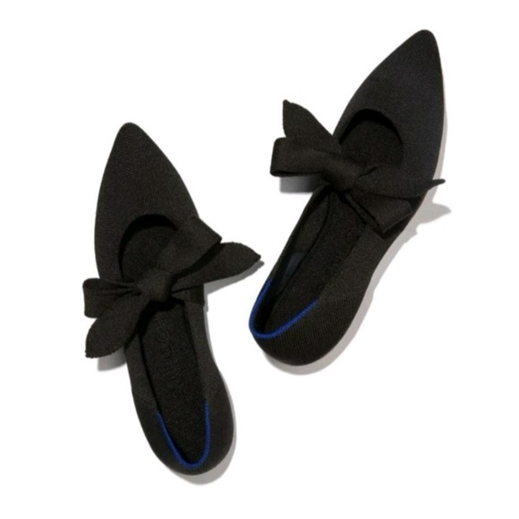 Rothys Womens Mary Jane Bow Tie Black Pointy Ballet Flat Shoe W8 Preppy Classic - Picture 1 of 12
